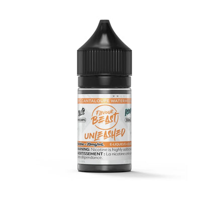 A 30mL bottle of Flavour Beast Unleashed Epic Cantaloupe Watermelon Iced e-liquid with a black child-resistant cap and an orange and white label.