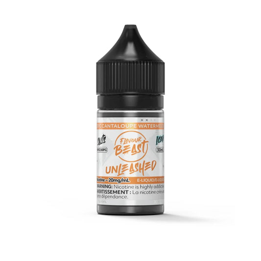 A 30mL bottle of Flavour Beast Unleashed Epic Cantaloupe Watermelon Iced e-liquid with a black child-resistant cap and an orange and white label.