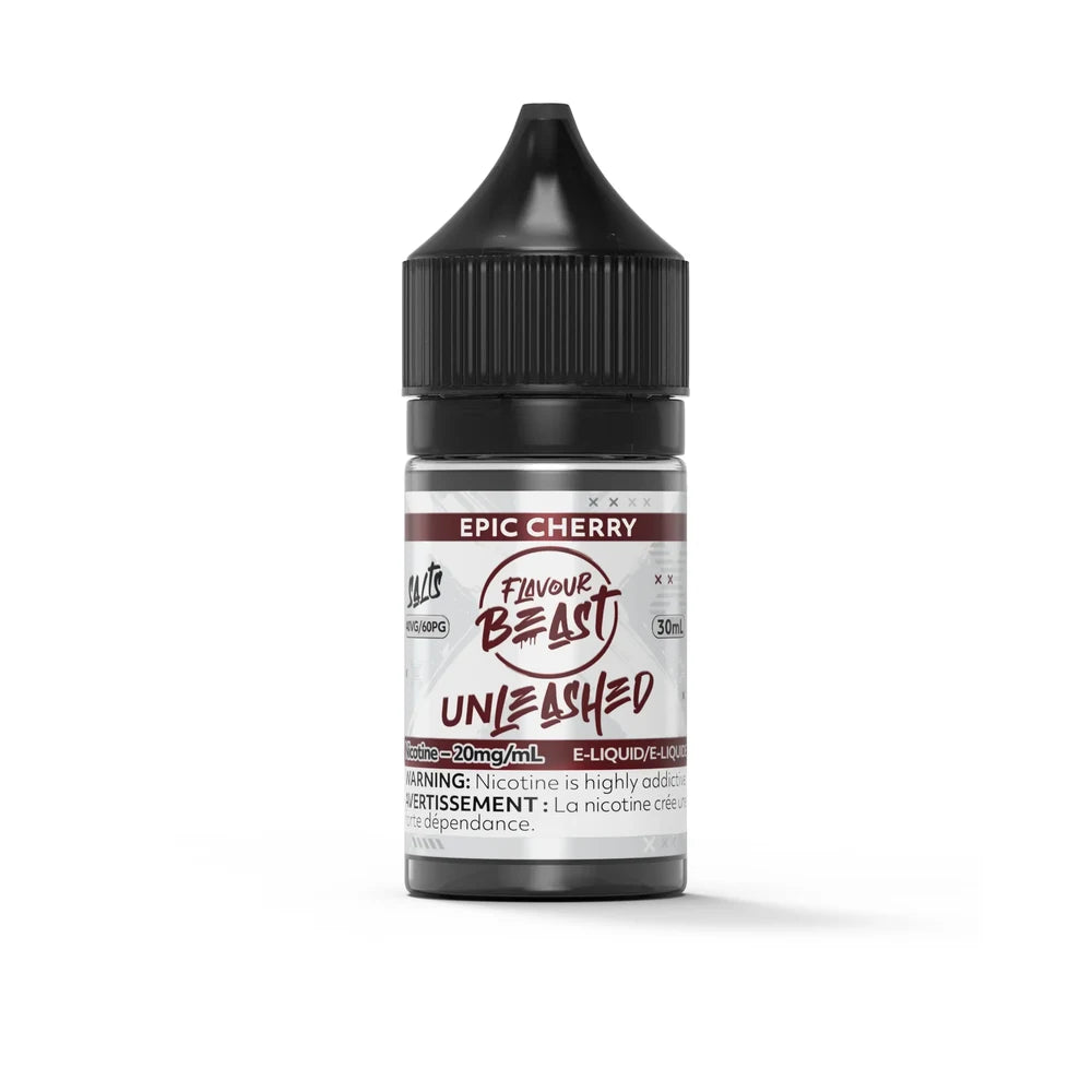 A 30mL bottle of Flavour Beast Unleashed Epic Cherry nicotine salt e-liquid featuring a black child-resistant cap and a white label with maroon text.