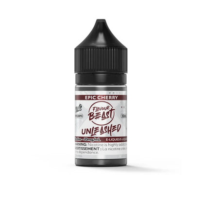 A 30mL bottle of Flavour Beast Unleashed Epic Cherry nicotine salt e-liquid featuring a black child-resistant cap and a white label with maroon text.