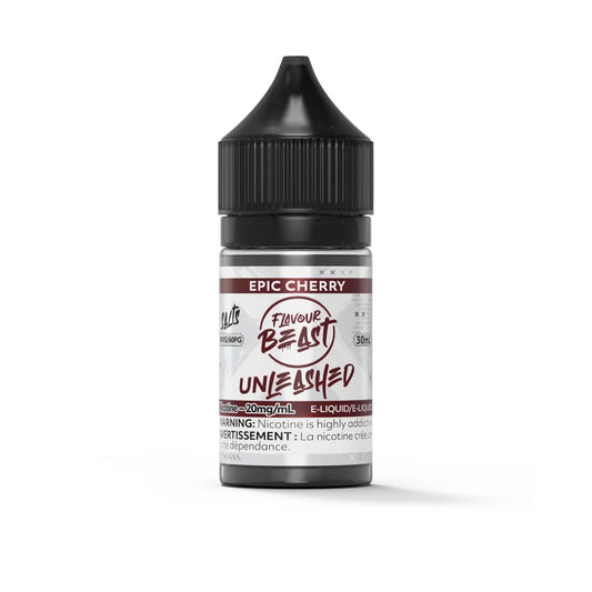 A 30mL bottle of Flavour Beast Unleashed Epic Cherry nicotine salt e-liquid featuring a black child-resistant cap and a white label with maroon text.