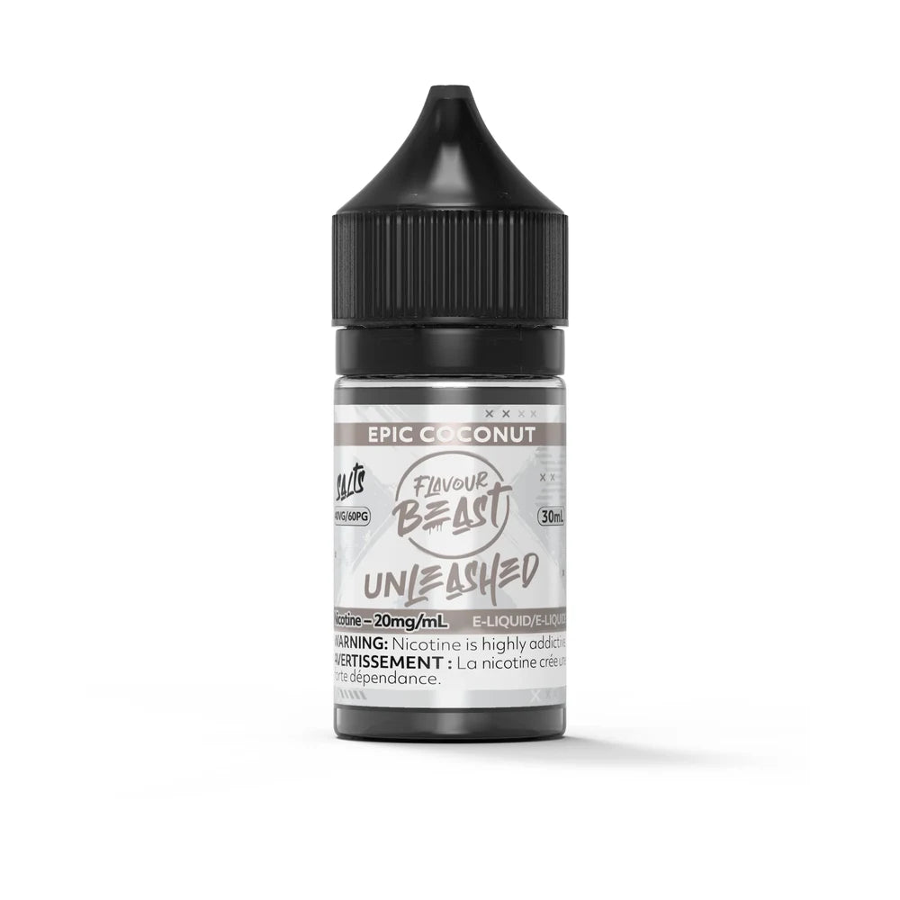 A 30mL bottle of Flavour Beast Unleashed Epic Coconut salt nicotine e-liquid featuring a black child-resistant cap and a white label with grey accents.