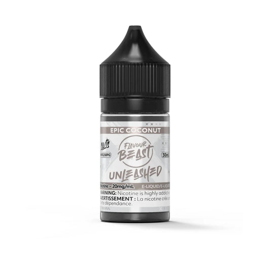 A 30mL bottle of Flavour Beast Unleashed Epic Coconut salt nicotine e-liquid featuring a black child-resistant cap and a white label with grey accents.