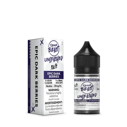 A 30ml bottle and cardboard box of Flavour Beast Unleashed Salts Epic Dark Berries e-liquid featuring white and purple packaging with black text and a nicotine warning label.