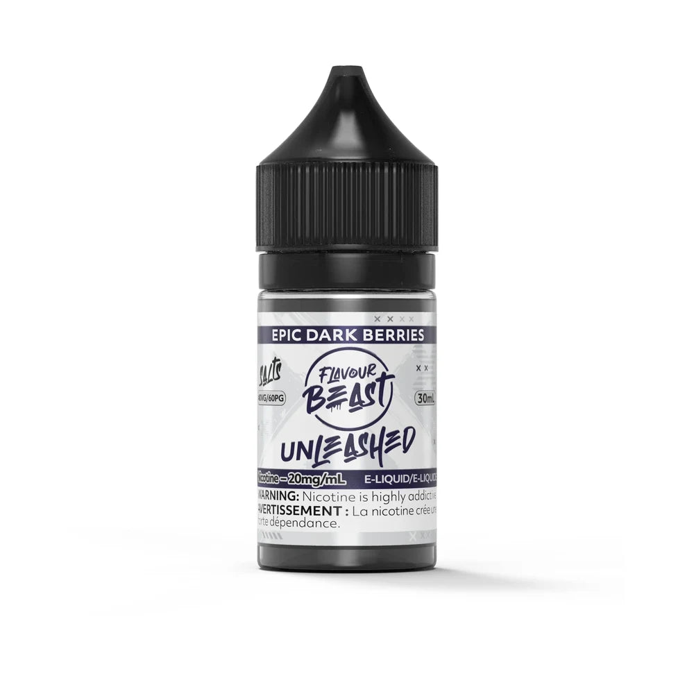 A 30mL bottle of Flavour Beast Unleashed Epic Dark Berries salt nicotine e-liquid featuring a black child-resistant cap and a white label with purple branding.
