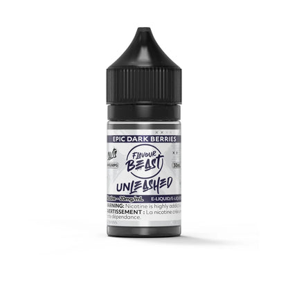 A 30mL bottle of Flavour Beast Unleashed Epic Dark Berries salt nicotine e-liquid featuring a black child-resistant cap and a white label with purple branding.
