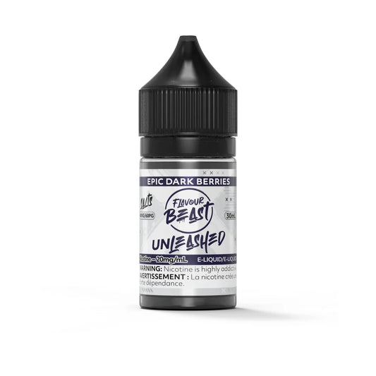A 30mL bottle of Flavour Beast Unleashed Epic Dark Berries salt nicotine e-liquid featuring a black child-resistant cap and a white label with purple branding.