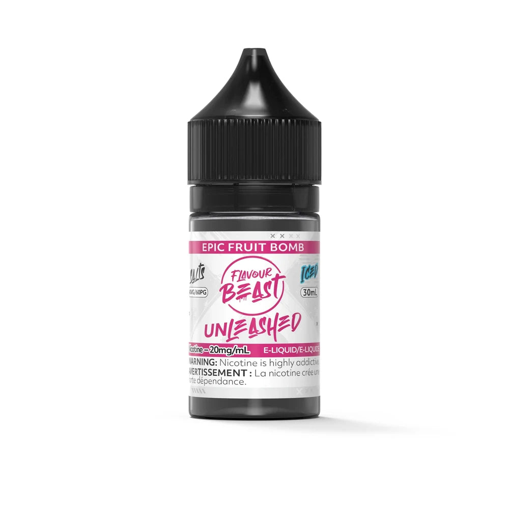 A 30mL bottle of Flavour Beast Unleashed Epic Fruit Bomb Iced nicotine salt e-liquid featuring a black child-resistant cap and a white label with pink and blue accents.