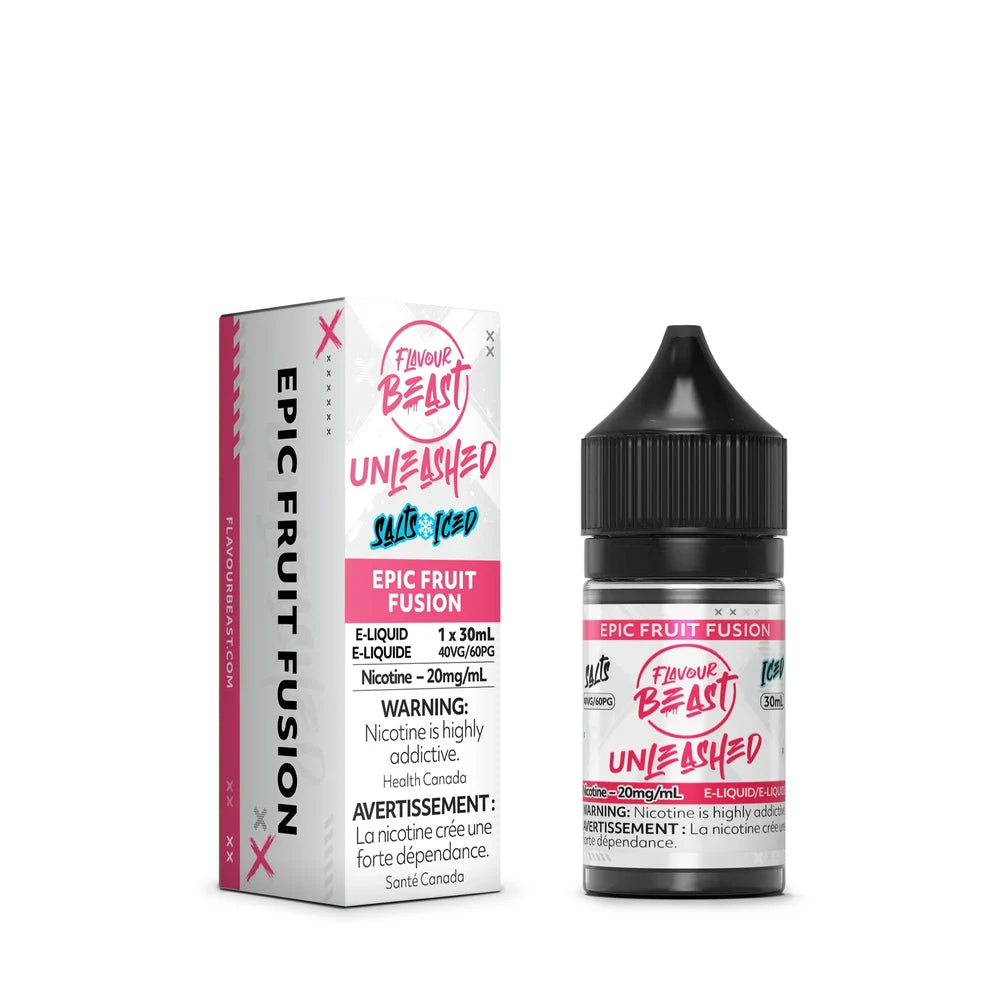 A 30mL bottle and matching box of Flavour Beast Unleashed Epic Fruit Fusion Iced salt nicotine e-liquid featuring white and pink packaging with bold black text.