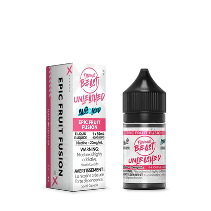 A 30mL bottle and matching box of Flavour Beast Unleashed Epic Fruit Fusion Iced salt nicotine e-liquid featuring white and pink packaging with bold black text.