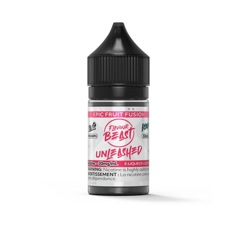 A 30mL bottle of Flavour Beast Unleashed Epic Fruit Fusion Iced e-liquid featuring a black child-resistant cap and a white label with pink and red text.