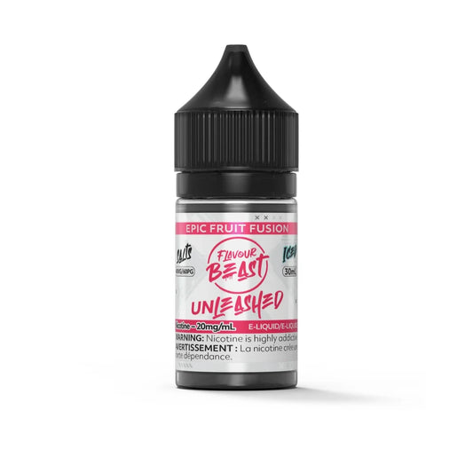 A 30mL bottle of Flavour Beast Unleashed Epic Fruit Fusion Iced e-liquid featuring a black child-resistant cap and a white label with pink and red text.