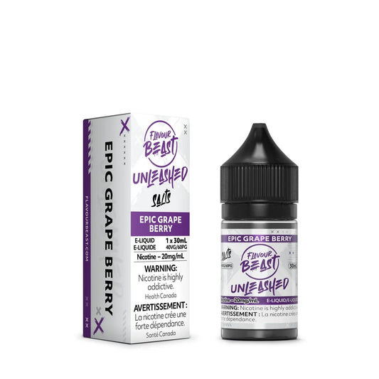 A 30mL bottle and matching cardboard box of Flavour Beast Unleashed Salts Epic Grape Berry e-liquid featuring purple and white branding with 20mg/mL nicotine warning labels.