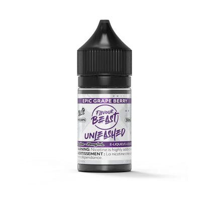 A 30mL bottle of Flavour Beast Unleashed Epic Grape Berry e-liquid featuring a black child-resistant cap and a white label with purple accents and text.