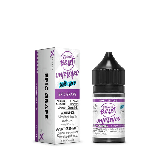 A 30mL bottle and matching cardboard box of Flavour Beast Unleashed Epic Grape Iced salt nicotine e-liquid featuring purple and white branding with prominent health warning labels.