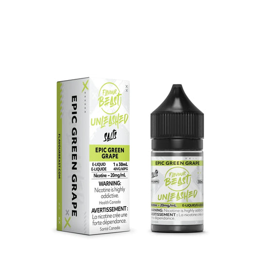 A 30mL bottle and matching cardboard box for Flavour Beast Unleashed Epic Green Grape salts e-liquid, featuring lime green and white packaging with 20mg/mL nicotine warning labels.
