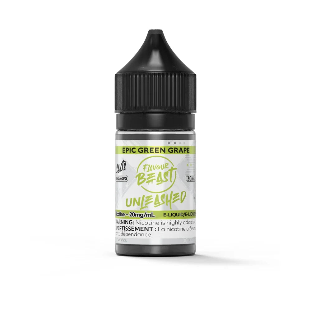 A 30mL bottle of Flavour Beast Unleashed Epic Green Grape nicotine salt e-liquid featuring a black child-resistant cap and a white label with lime green accents.