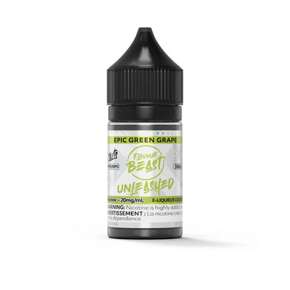 A 30mL bottle of Flavour Beast Unleashed Epic Green Grape nicotine salt e-liquid featuring a black child-resistant cap and a white label with lime green accents.