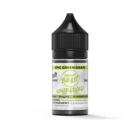 A 30mL bottle of Flavour Beast Unleashed Epic Green Grape nicotine salt e-liquid featuring a black child-resistant cap and a white label with lime green accents.