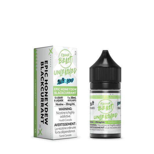 A 30mL bottle and matching cardboard box of Flavour Beast Unleashed Epic Honeydew Blackcurrant Iced e-liquid featuring green and white branding with nicotine warning labels.