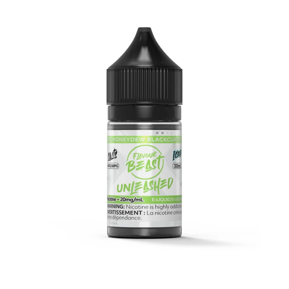 A 30mL bottle of Flavour Beast Unleashed Epic Honeydew Blackcurrant Iced e-liquid featuring a black child-resistant cap and a white label with green accents and 20mg/mL nicotine warning text.