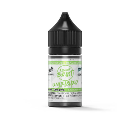 A 30mL bottle of Flavour Beast Unleashed Epic Honeydew Blackcurrant Iced e-liquid featuring a black child-resistant cap and a white label with green accents and 20mg/mL nicotine warning text.