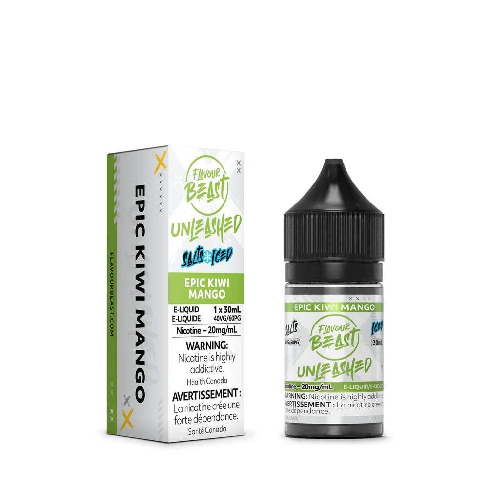 A 30mL bottle and matching cardboard box of Flavour Beast Unleashed Epic Kiwi Mango Iced nicotine salts e-liquid, featuring green and white branding with a black child-resistant cap.