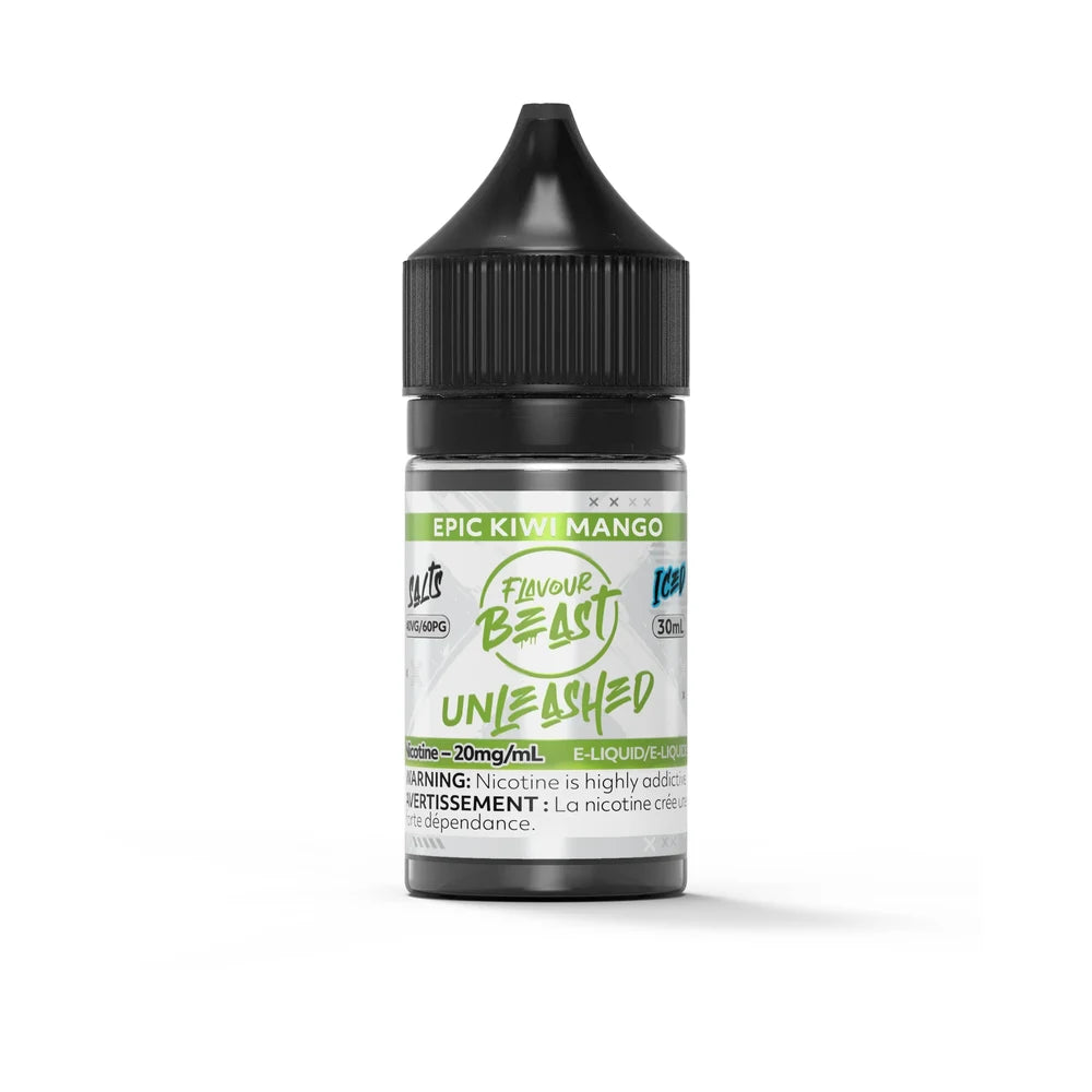 A 30mL bottle of Flavour Beast Unleashed Epic Kiwi Mango Iced nicotine salts e-liquid featuring a black child-resistant cap and a white label with green and blue accents.