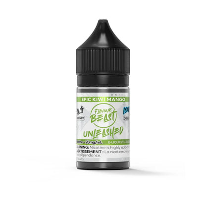 A 30mL bottle of Flavour Beast Unleashed Epic Kiwi Mango Iced nicotine salts e-liquid featuring a black child-resistant cap and a white label with green and blue accents.