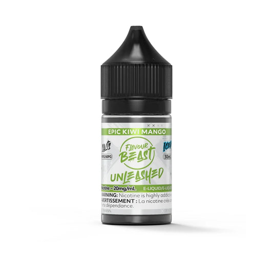 A 30mL bottle of Flavour Beast Unleashed Epic Kiwi Mango Iced nicotine salts e-liquid featuring a black child-resistant cap and a white label with green and blue accents.