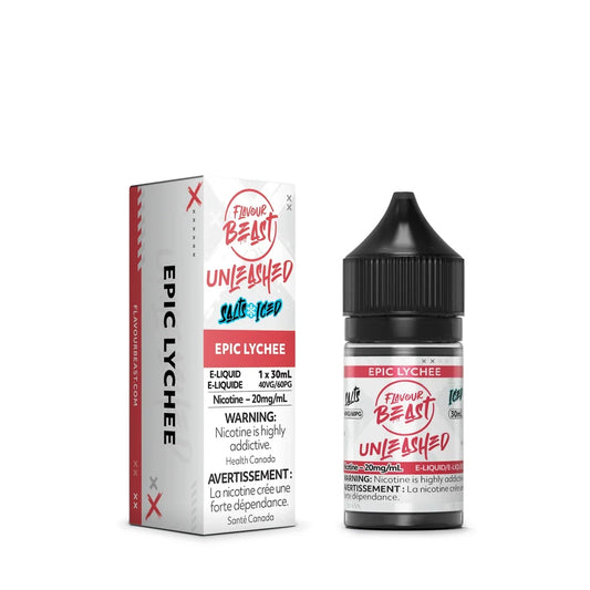 A 30mL bottle and matching box of Flavour Beast Unleashed Epic Lychee Iced salt nicotine e-liquid, featuring white and red packaging with bold black text and a health warning label.