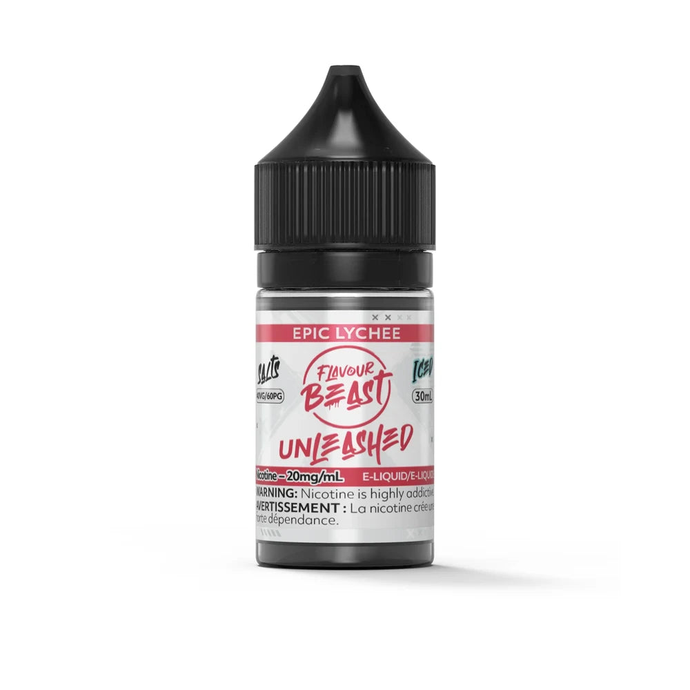 A 30mL bottle of Flavour Beast Unleashed Epic Lychee Iced salt nicotine e-liquid featuring a black child-resistant cap and a white label with red and black text.