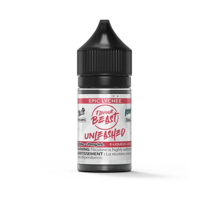 A 30mL bottle of Flavour Beast Unleashed Epic Lychee Iced salt nicotine e-liquid featuring a black child-resistant cap and a white label with red and black text.