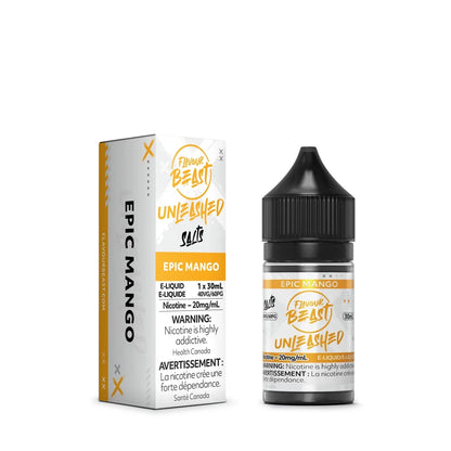 A 30mL bottle and matching box of Flavour Beast Unleashed Epic Mango nicotine salts e-liquid featuring white and orange packaging with bold black text and a health warning label.
