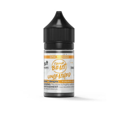 A 30mL bottle of Flavour Beast Unleashed Epic Mango nicotine salts e-liquid featuring a black child-resistant cap and a white label with orange accents and a nicotine warning.