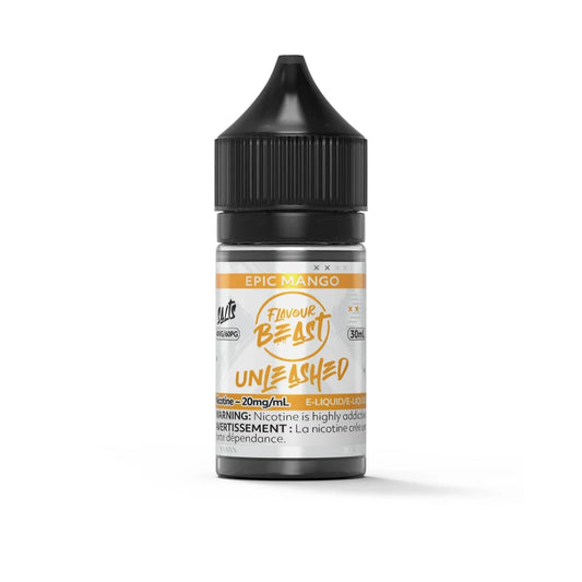 A 30mL bottle of Flavour Beast Unleashed Epic Mango nicotine salts e-liquid featuring a black child-resistant cap and a white label with orange accents and a nicotine warning.