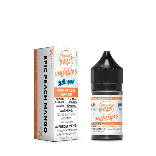A 30mL bottle and cardboard box of Flavour Beast Unleashed Epic Peach Mango Iced nicotine salts e-liquid featuring orange and white branding with a black child-resistant cap.