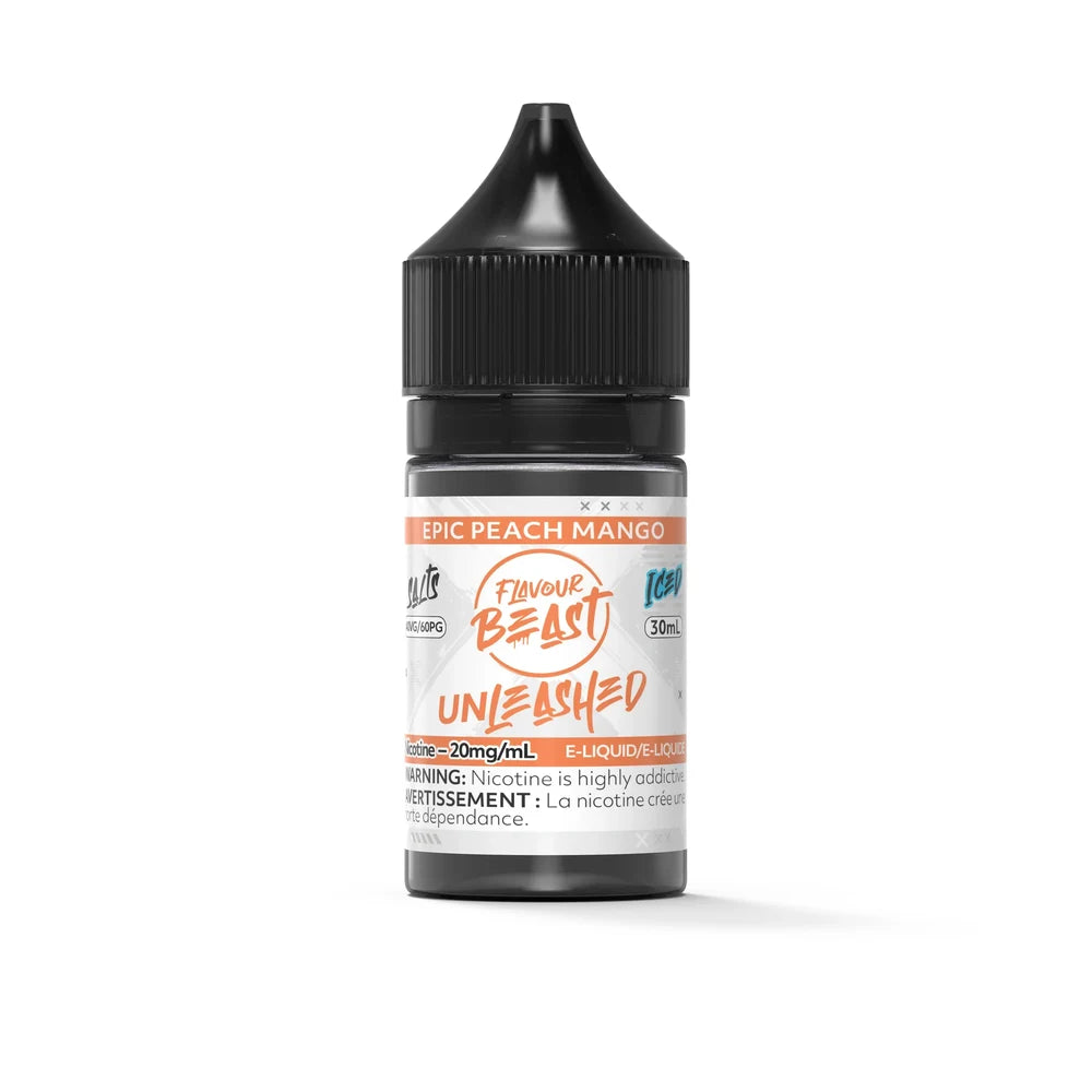 A 30mL bottle of Flavour Beast Unleashed Epic Peach Mango Iced e-liquid featuring a black child-resistant cap and a white label with orange and blue accents.