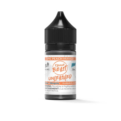 A 30mL bottle of Flavour Beast Unleashed Epic Peach Mango Iced e-liquid featuring a black child-resistant cap and a white label with orange and blue accents.