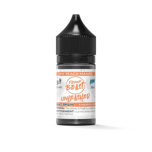 A 30mL bottle of Flavour Beast Unleashed Epic Peach Mango Iced e-liquid featuring a black child-resistant cap and a white label with orange and blue accents.