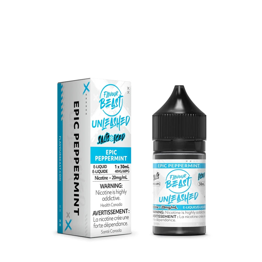 A 30mL bottle and white cardboard box of Flavour Beast Unleashed Epic Peppermint Iced e-liquid featuring blue and black accents and a nicotine warning label.