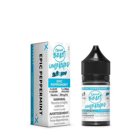 A 30mL bottle and white cardboard box of Flavour Beast Unleashed Epic Peppermint Iced e-liquid featuring blue and black accents and a nicotine warning label.