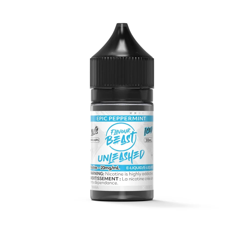 A 30mL bottle of Flavour Beast Unleashed Epic Peppermint Iced e-liquid featuring a black child-resistant cap and a white label with blue accents and a nicotine warning.