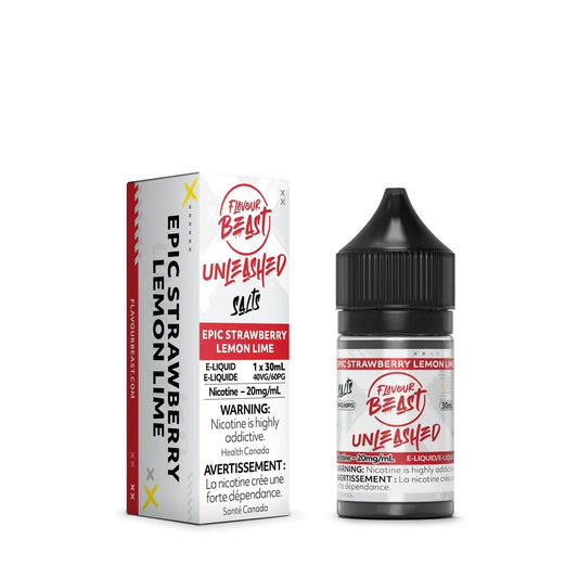 A 30mL bottle and cardboard box of Flavour Beast Unleashed Salts Epic Strawberry Lemon Lime e-liquid featuring white and red packaging with bold black text and a black child-resistant cap.