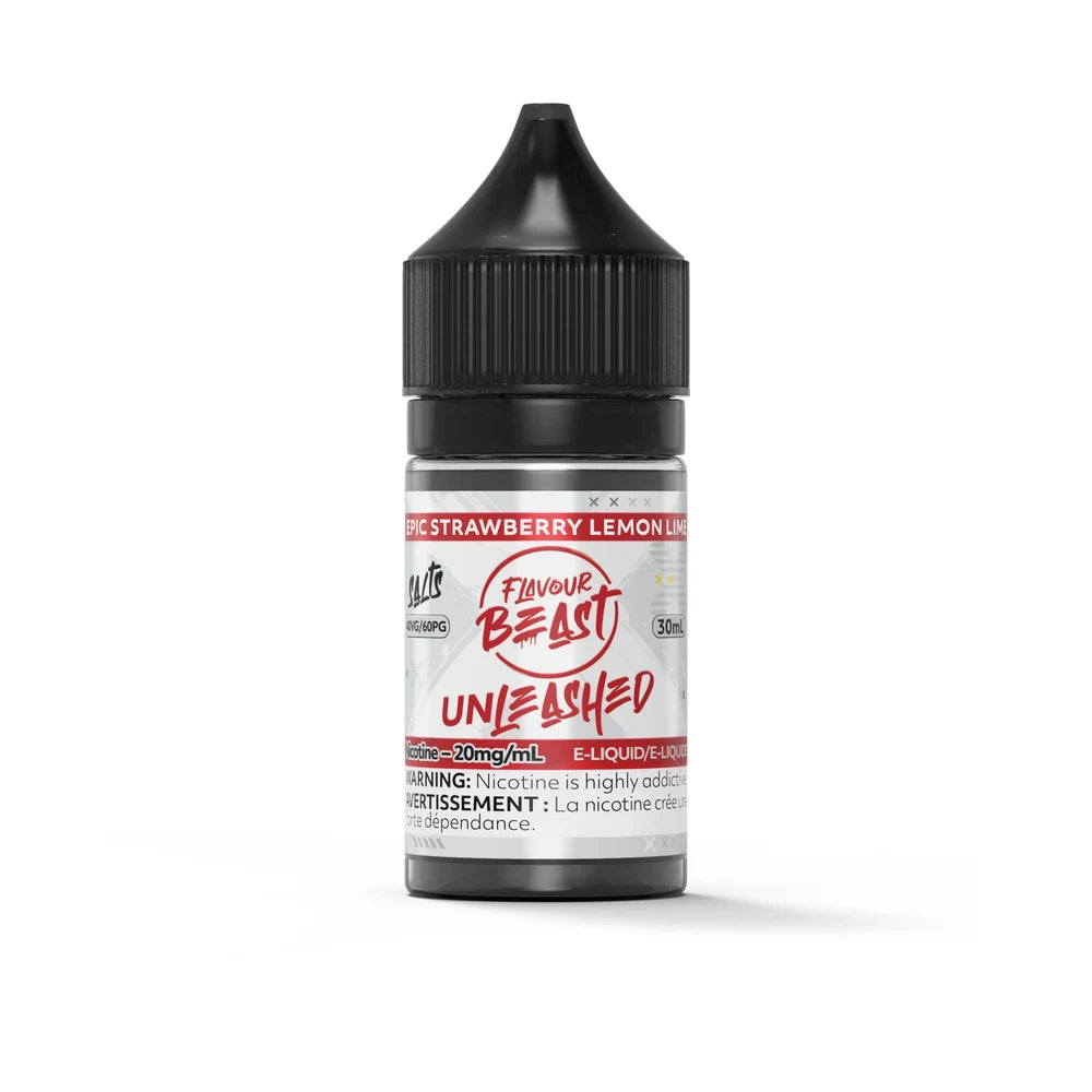A 30mL bottle of Flavour Beast Unleashed Epic Strawberry Lemon Lime nicotine salt e-liquid featuring a black child-resistant cap and a white label with red and black text.
