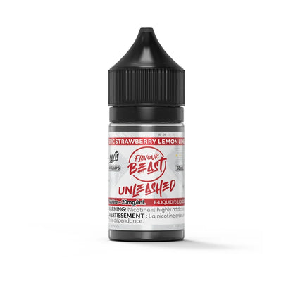 A 30mL bottle of Flavour Beast Unleashed Epic Strawberry Lemon Lime nicotine salt e-liquid featuring a black child-resistant cap and a white label with red and black text.
