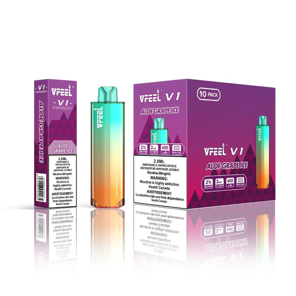 VFEEL V1 Aloe Grape Ice disposable vape featuring a gradient teal and orange device alongside its purple single-unit box and 10-pack carton.