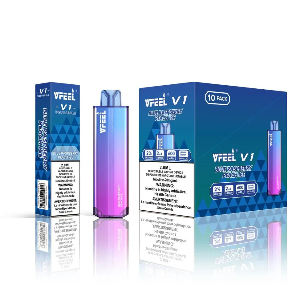 VFEEL V1 Blue Raspberry Peach Ice disposable vape shown with its individual box and a 10-pack display carton featuring blue and purple gradient branding on a white reflective surface.