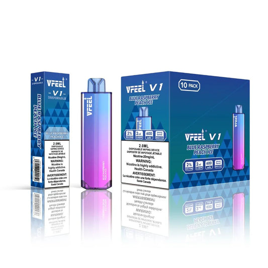 VFEEL V1 Blue Raspberry Peach Ice disposable vape shown with its individual box and a 10-pack display carton featuring blue and purple gradient branding on a white reflective surface.
