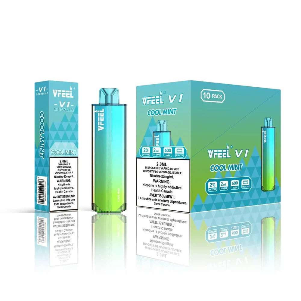 VFEEL V1 Cool Mint disposable vape device with its single-unit box and 10-pack carton featuring a teal and lime green gradient design with geometric patterns.